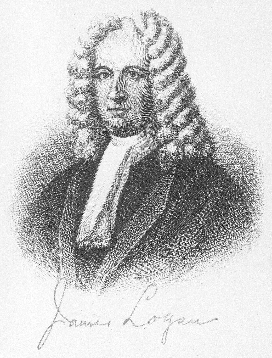 Engraved portrait of James Logan with his signature, secretary to William Penn